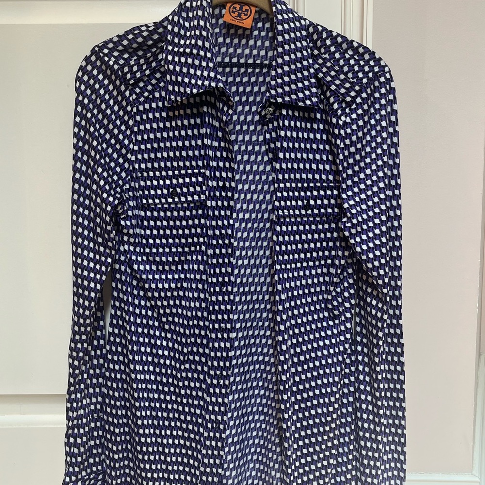 Tory Burch Blue and White Patterned Blouse
